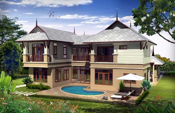Baksidan av Hua Hin Green Chalet tv�v�ningshus (OBS swimmingpool ing�r ej i priset)